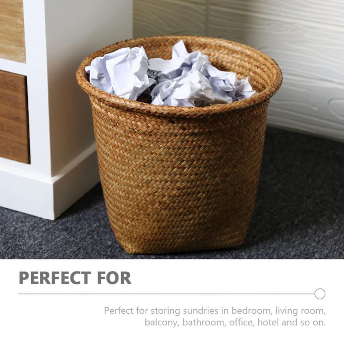 KICHOUSE 2pcs Woven Wastebaskets Small and Medium Size Rattan Trash Bins Decorative Storage Baskets for Home Bathroom Office Organization