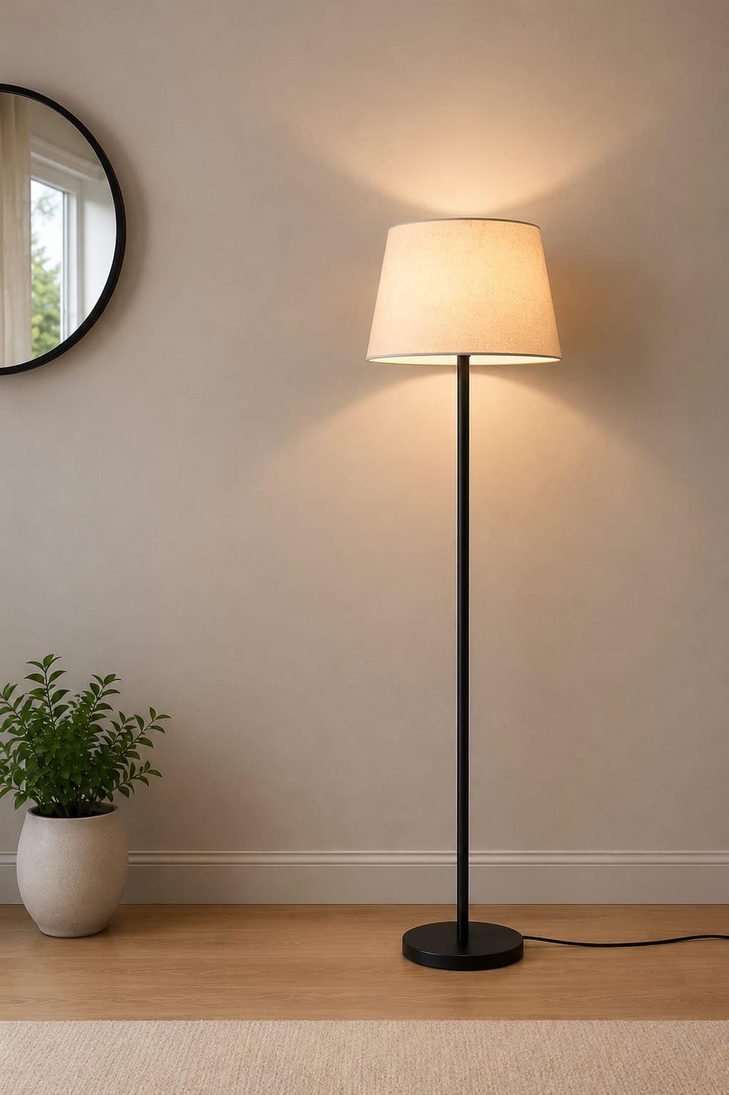 Modern Floor Lamp with Beige Jute Shade and Black Metal Base | Warm Ambient Lighting, Living Room & Bedroom, Slim Pole Design, Round Weighted Base, Minimalist Style-picture-14