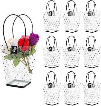 10pcs Clear Flower Bouquet Bags With Handle Dots Florist Shop Transparent Gifts Bag Presents Packaging Supplies for Wedding Birthday Anniversary Christmas Mothers Day Baby Shower Party Black Dots
