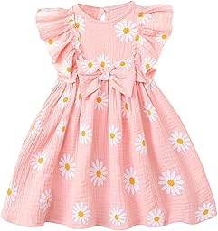 Robe d'Été Fille Casual Manches à Volants Unie/Imprimée Col Rond Boutonnée Robes Coupe Trapèze pour Enfants Fête d'anniversaire Tenue 2-6Y