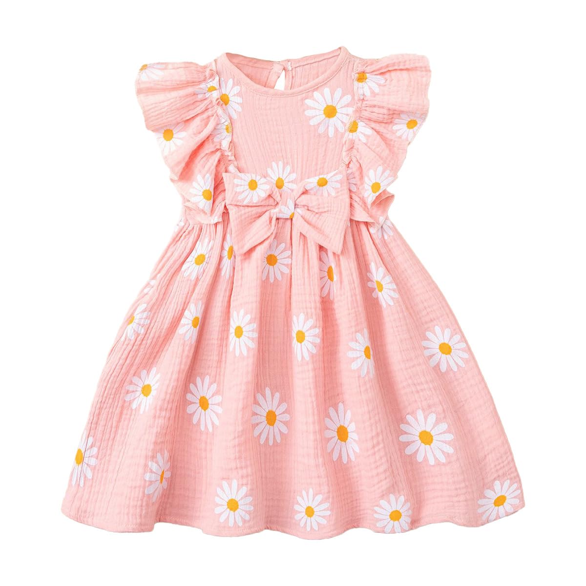 Robe d'Été Fille Casual Manches à Volants Unie/Imprimée Col Rond Boutonnée Robes Coupe Trapèze pour Enfants Fête d'anniversaire Tenue 2-6Y