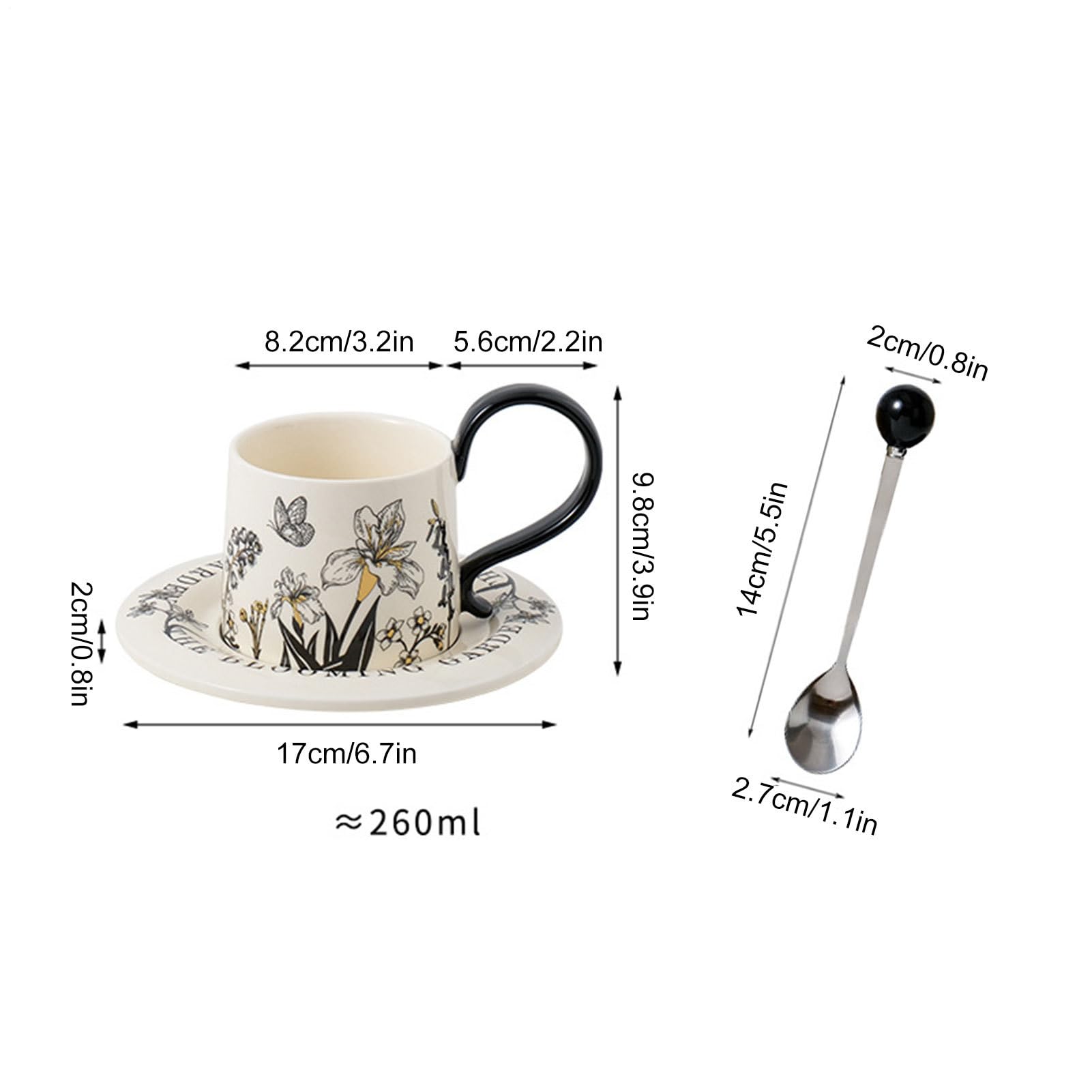 Zestaw kubków do kawy – spodki i łyżki, kolekcja ceramicznych kubków do kawy do cappuccino, mleka, soku, piwa, kuchni, kawiarni, restauracji, użytku domowego, na urodziny, Boże Narodzenie