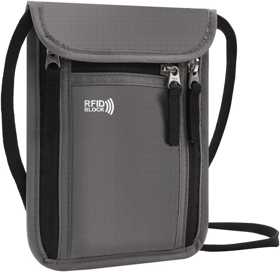 Passport Holder Travel Neck Pouch with RFID Blocking, KEAFOLS Security Zipper Organized Wallet to Keep Cash Documents Safe (Gray)