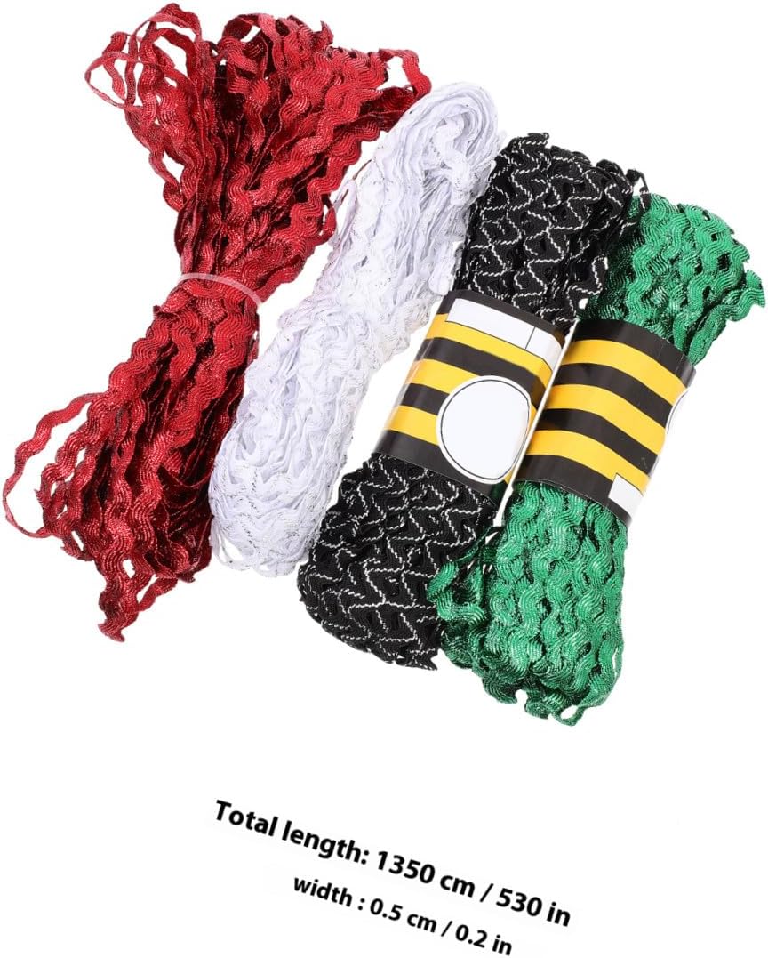 ORFOFE 4 Rolls 15 Yards Rickrack Ribbon Sewing Trim Set 5mm Wave Edge Decorative Ribbon for DIY Crafts Floral Sewing Apparel Embellishment Red Green White Black White
