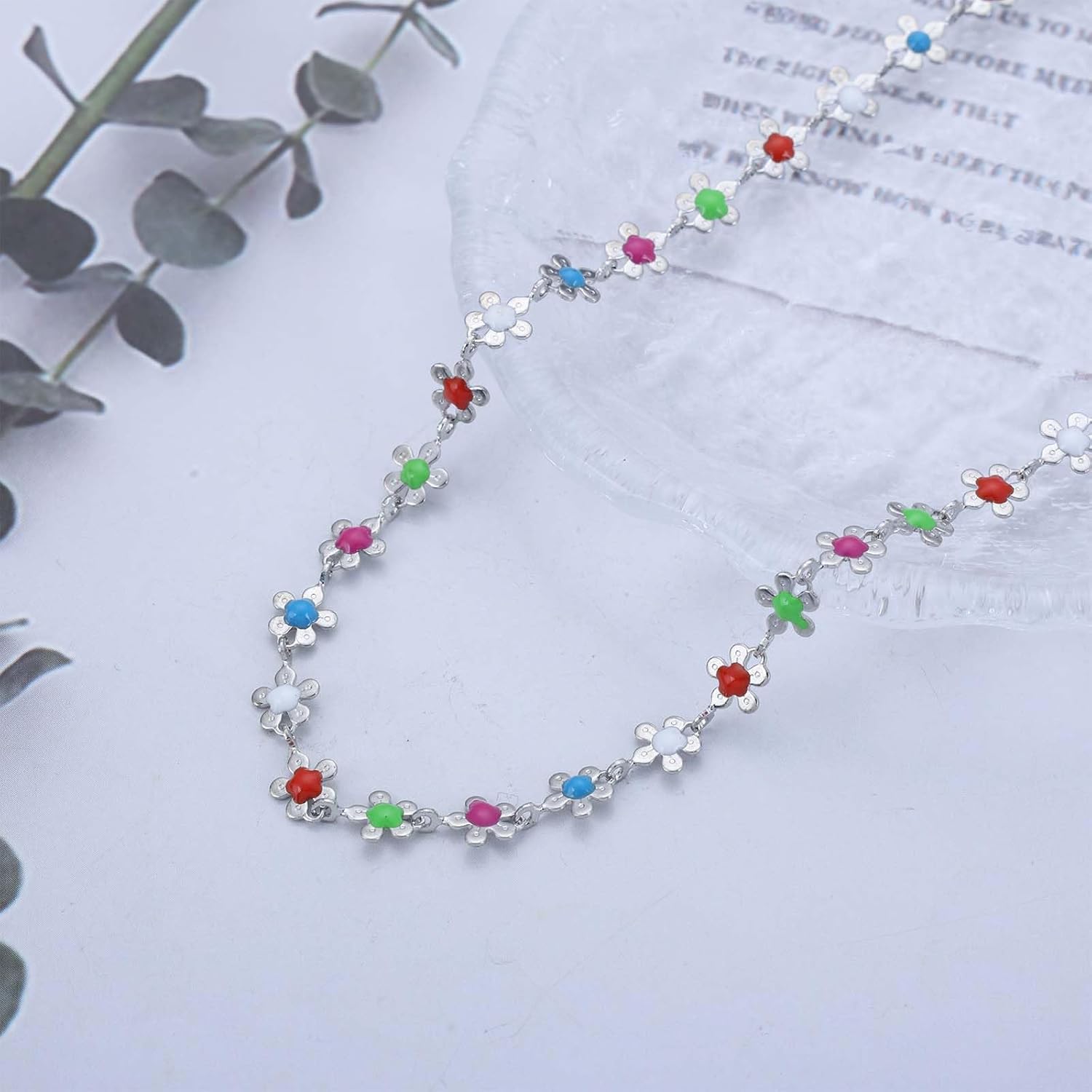 Boho Rainbow Flower Choker Necklace Small Flower Chain Silver Daisy Floral Necklace Bead Daisy Choker Colorful Floral Chain Jewelry for Women - Image 4