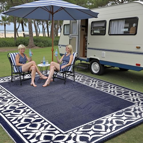 Image of PureCozy Outdoor Plastic Straw Rug Navy Blue Large Outside Waterproof Outdoor Patio 8x10 Carpet Geometric Reversible Mat Modern for Camping RV Porch Deck Balcony Beach