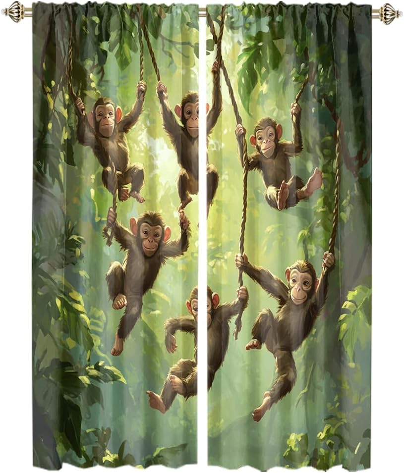 Abstract Watercolor Animal Monkey Blackout Curtains Rustic Anime Cartoon Forest Wildlife Monkey Soft Blackout Curtains for Bedroom Living Room 2 Panels 63" L x 21" W