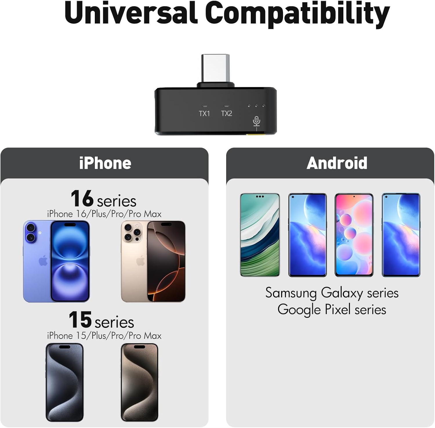 RIBIU Wireless Lavalier Microphone for iPhone/Android, Mini Mic with Noise Cancellation, 16Hrs Battery Life, Lapel Bluetooth Mic, USB C Wireless Lapel (Type C)