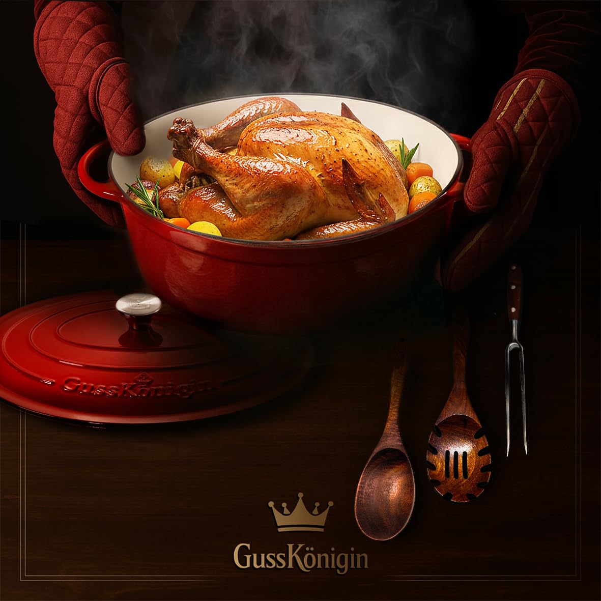 Bräter Gusseisen 37cm (XXL)– Gusseisen-Topf & Schmortopf mit Deckel/Cocotte –Bräter & Schmortöpfe, Bräter mit Deckel backofengeeignet für Induktion & Ofen– inkl. Zubehör-30 jahr garantie