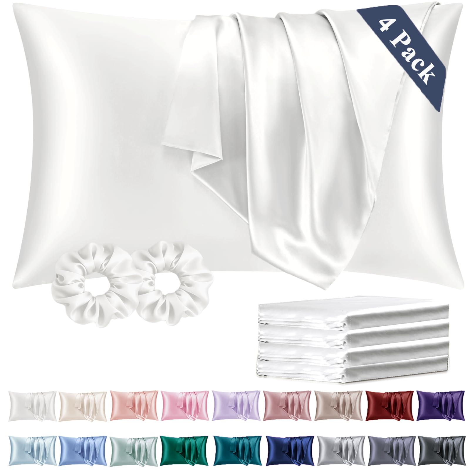 Vielit Standard Satin Pillowcase for Hair 4 Pack, Similar to Silk Pillow Cases, Easier Care Than Silk Pillowcase, Gifts for Women Men - Ivory, 20x26 & Envelope Closure and 2 Satin Scrunchies — image 1