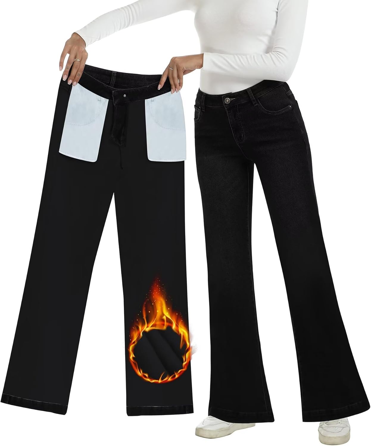 Fleece Lined Jeans Women High Waisted Stretchy Warm Winter Thermal Pants Thick Bell Bottom Wide Leg Jeans Woman - Image 2