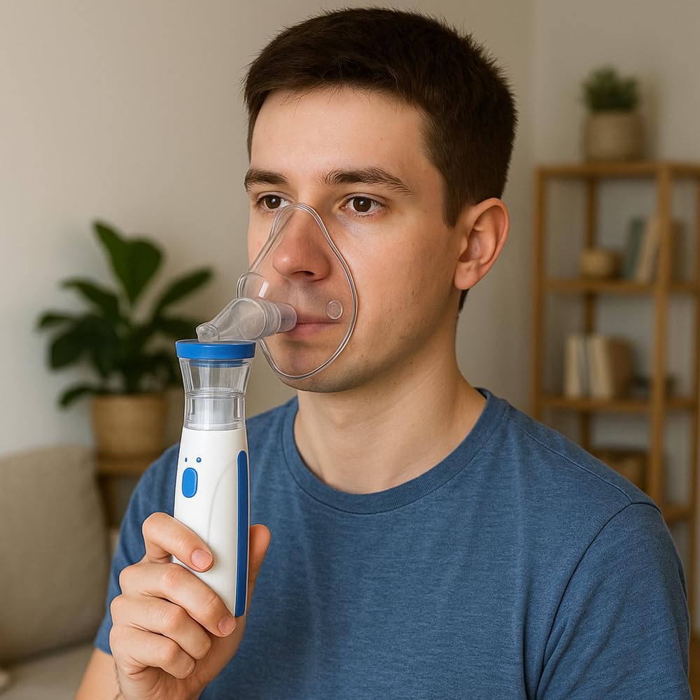 Nebulizzatore Portatile Silenzioso, per Adulti e Bambini con Mascherine Incluse, Doppia Alimentazione USB/Batterie, Nebulizzazione Ultraleggera e Design Compatto