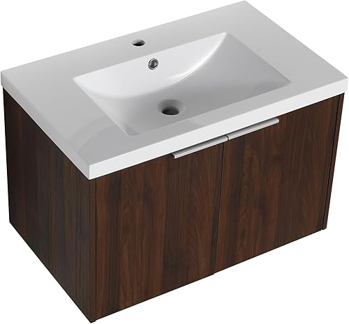 Miniatura 1 de LKTART Juego de tocador y lavabo moderno de 30 pulgadas para montar en la pared con puerta de cierre suave juego de gabinete de lavabo de gel nogal