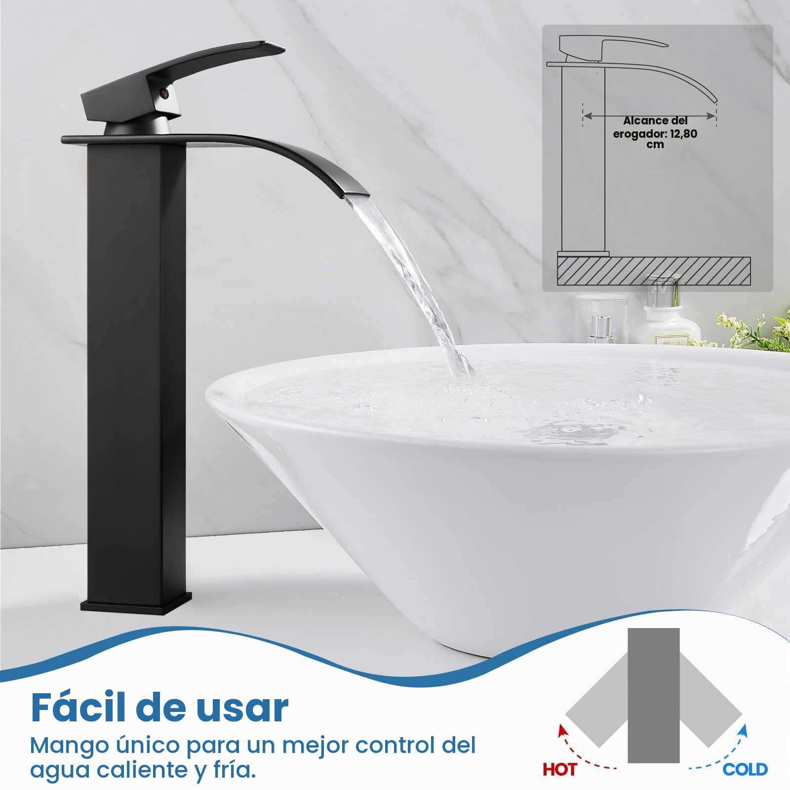 Airuida Grifo de baño de cascada alto de latón negro mate con un solo agujero de montaje en cubierta con boquilla rectangular grande para lavabo