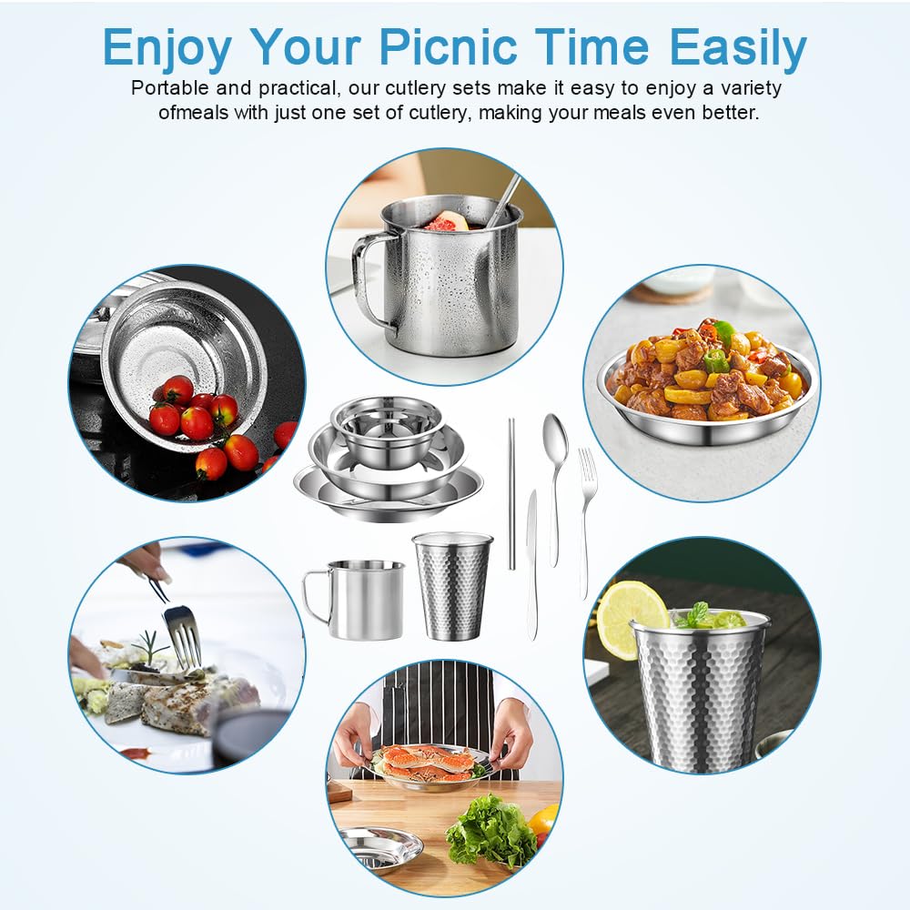 REFORUNG Set Posate da Campeggio Set Piatti Campeggio Portatili Set Stoviglie Campeggio in Acciaio Inox Set Piatti Bicchieri e Posate Campeggio per Campeggio Picnic Viaggi Pentole All'aperto (11 Pz)
