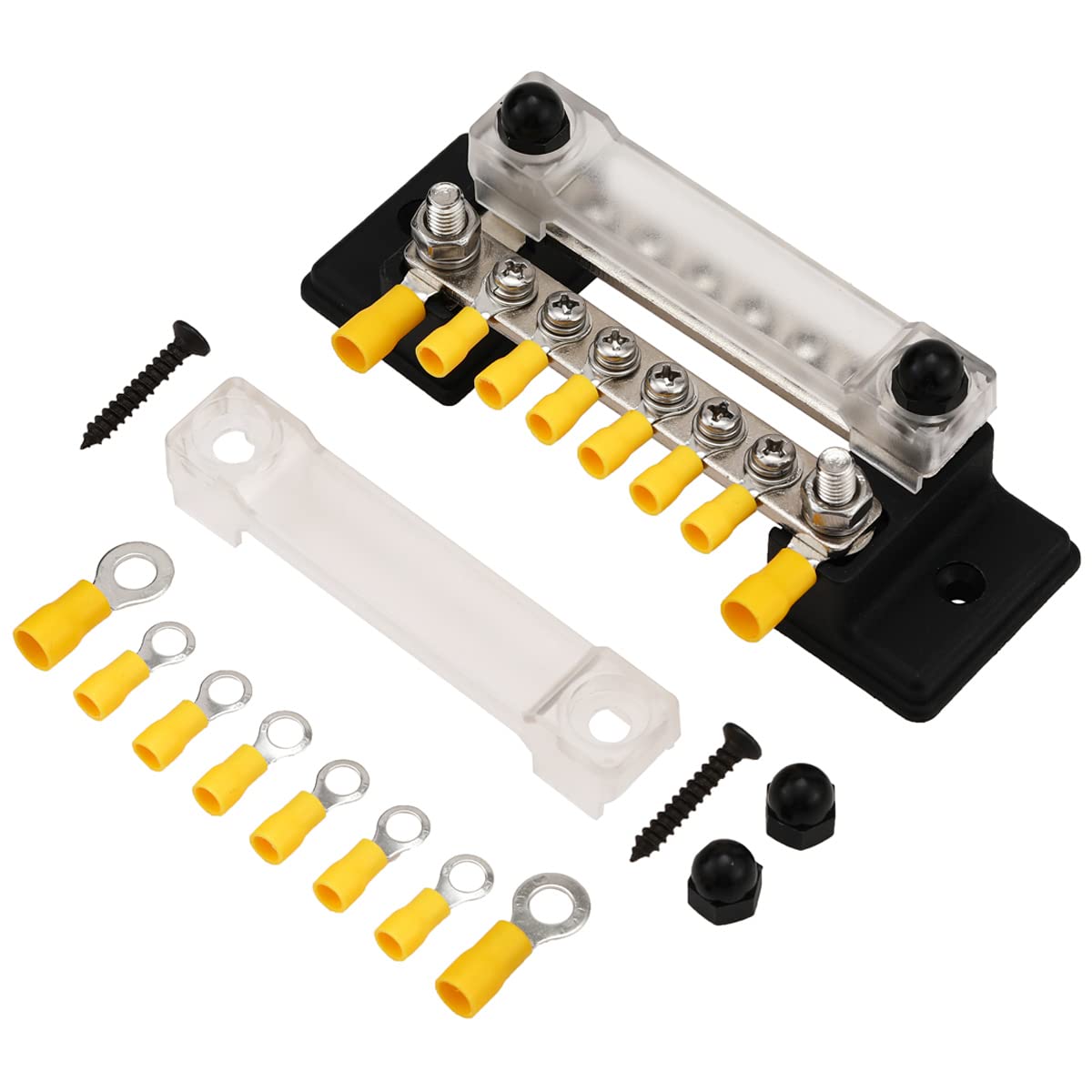Greluma 1 Pièce Barre de bus de bloc de distribution d'alimentation 150A avec bornes à anneau, barre de bus à double rangée 6 voies pour bateau de voiture, 4 goujons M6, 12 vis M4