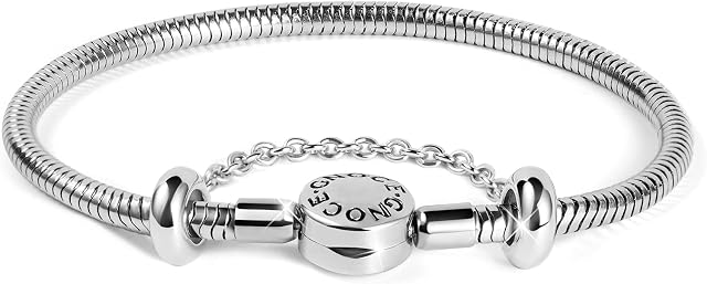 GNOCE Charm Bracelet Stainless Steel Snake Chain Metal Basic Charm Bracelet DIY Bangle with Round shaped Clasp