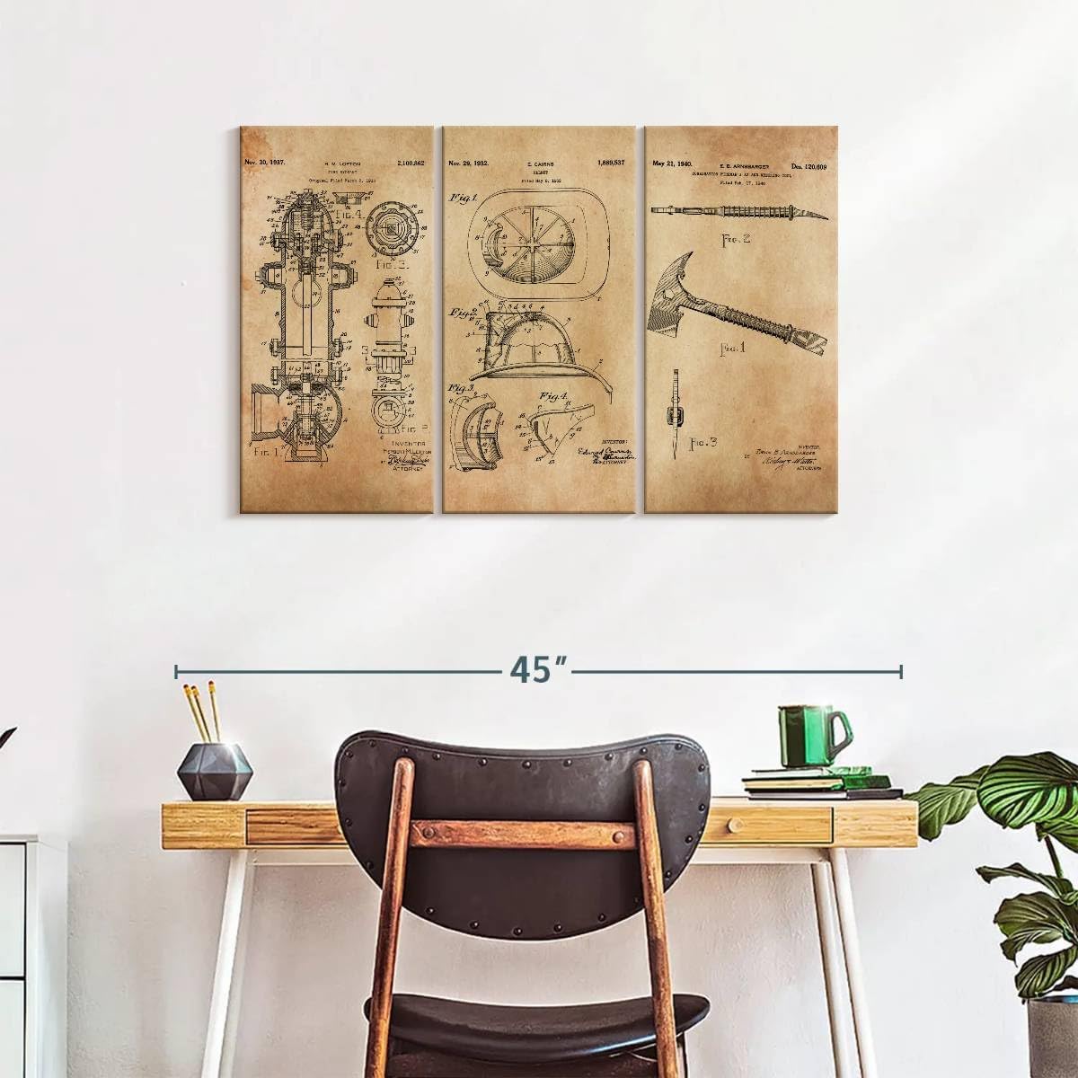 ElephantStock Firefighter Equipment Patents Wall Art, 3-Piece Industrial Decor, Ready-to-Hang Blueprint Wall Art, Industrial Wall Decor and Professions Patent Prints Wall Art for Men - 38" X 24"