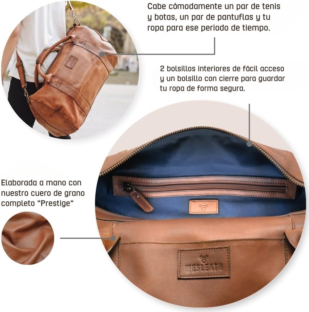 Full Grain Leather Duffle Bag – 40L Travel, Gym & Carry-On Weekender for Men | Handcrafted Overnight Bag with Brass Hardware, Vintage Style