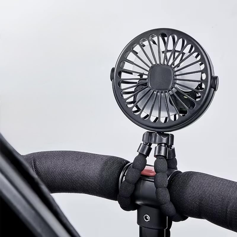 Black Battery Operated Pram Fan Flexible Tripod Clip On Fan with 3 Speeds for Car Seat, Crib, Bike, Treadmill