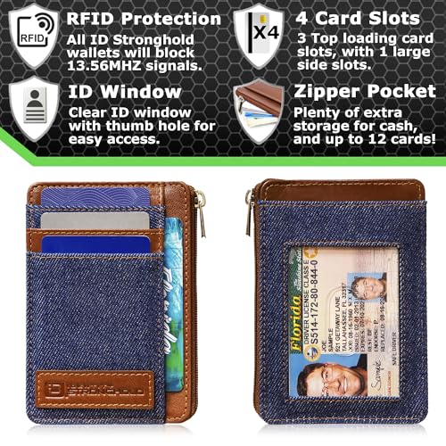 Image of ID Stronghold RFID Blocking Front Pocket Wallet - Slim Minimalist Genuine Leather Wallet with Zipper Coin Pocket (Denim)