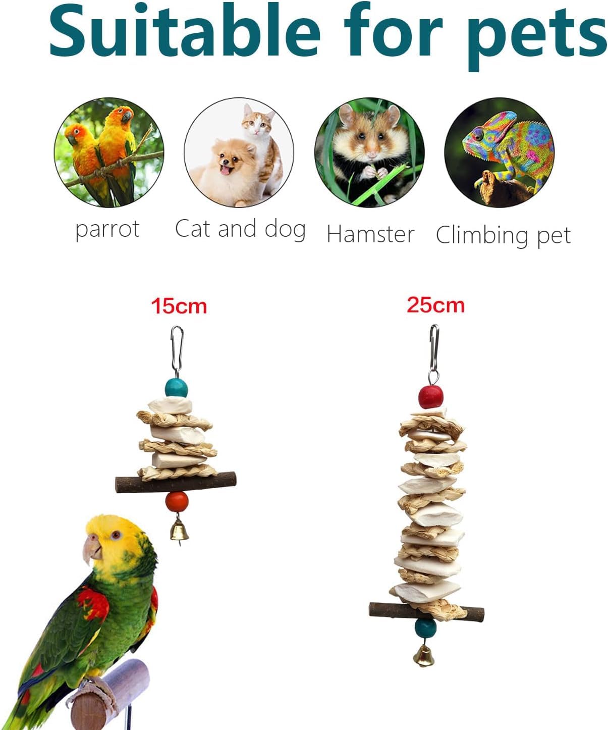 Newsmy 2 Pack Parrot Chewing Toys with Natural Cuttlefish Bone and Apple Stick, Hanging Bird Toys for Budgie Cockatiel and Parakeet, Calcium and Beak Care Toy — view 6
