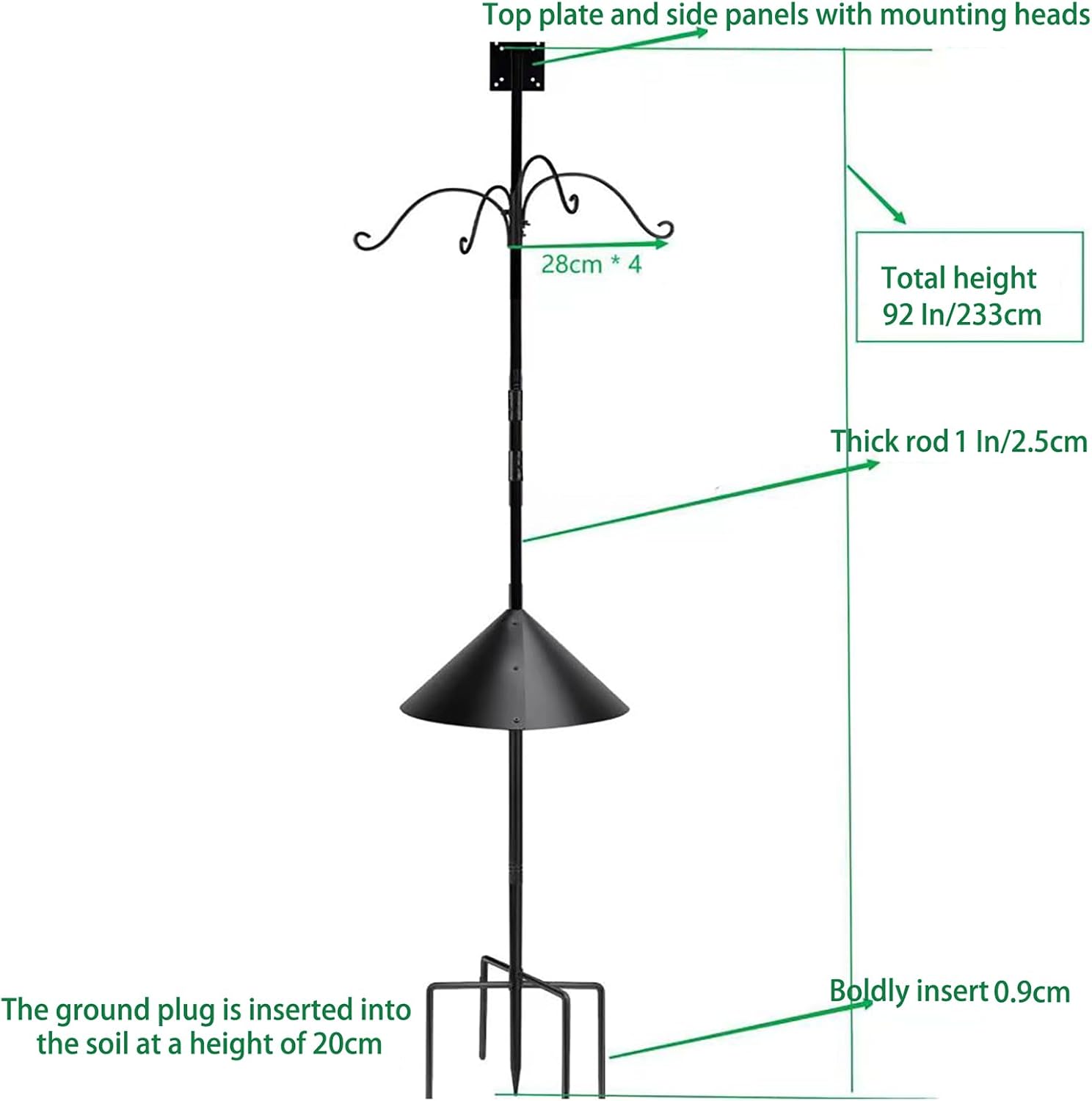92 Inch Black Adjustable Heavy Duty Bird Feeder Pole for Outdoors Bird House Pole for Garden with Squirrel Proof Baffle 4 Shepherd Hooks Birds Feeding Station with 5-Prong Base for Yard, Garden