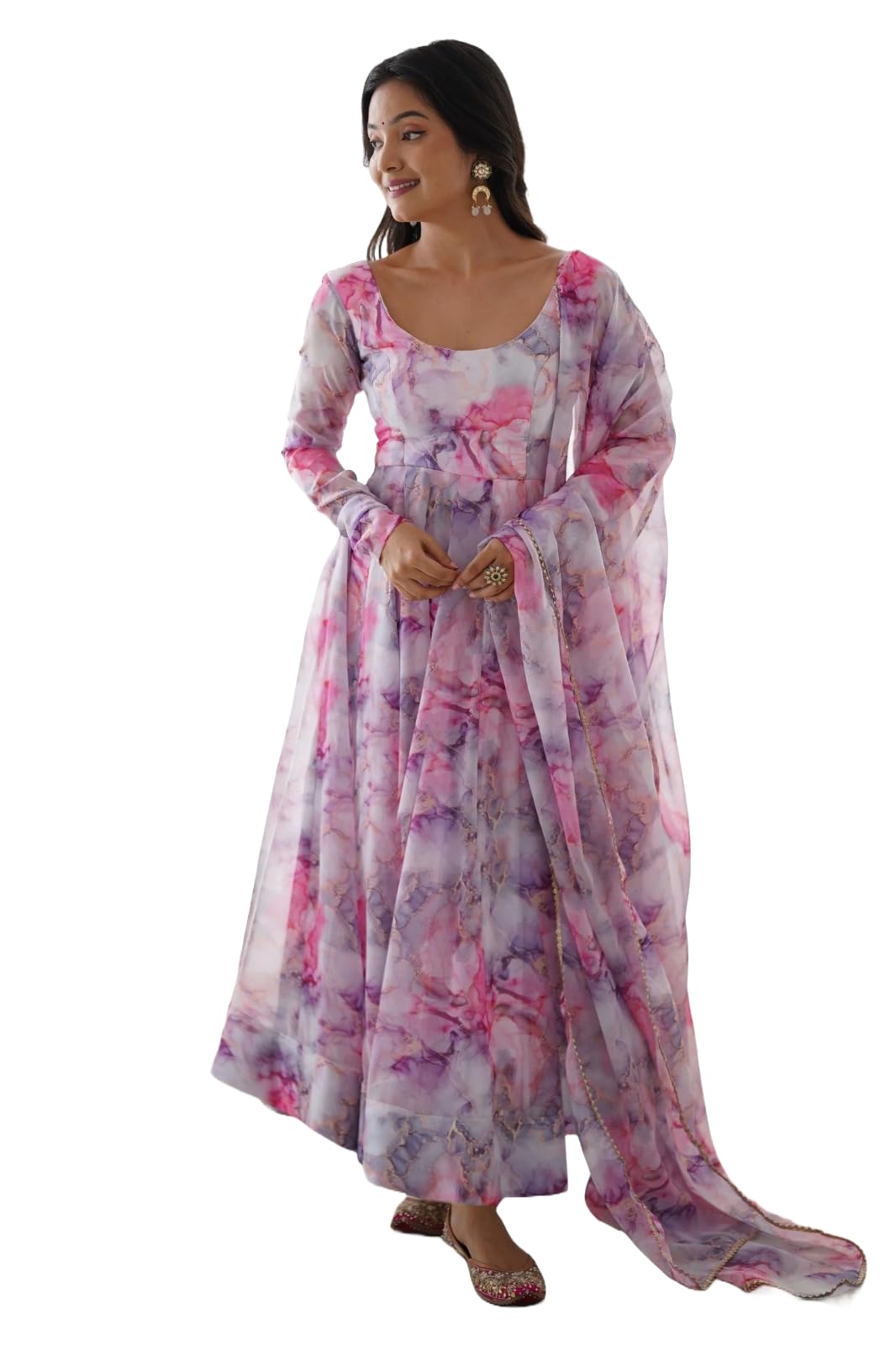 KEDARFABWomen's Stylish Floral Digital Print Georgette Anarkali Gowns Set, Kurta with Dupatta Set, Pink