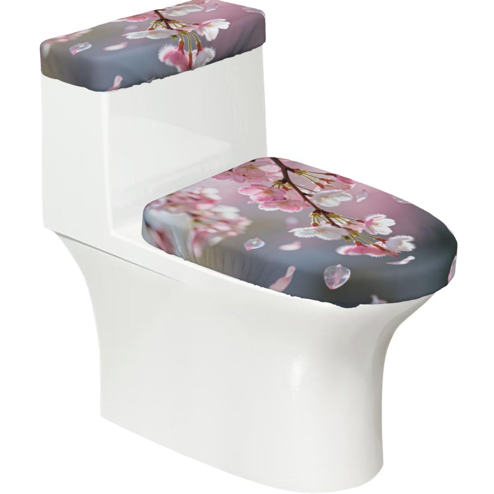 Cntdbu Black Cherry Blossom Fall Stretchy Toilet Lid And Tank Cover Set-Soft Elastic Bathroom Decor For U Shape Oval