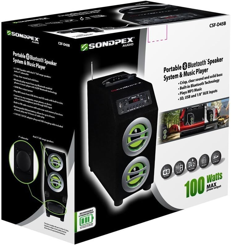 Sondpex CSF-D45B Portable Bluetooth Speaker System and Music Player - Clear Sound, Deep Bass, 12-Hour Battery, USB/SD Slots, FM Radio - Stream Wireless Music with EQ, AUX Input - MP3/WMA Support