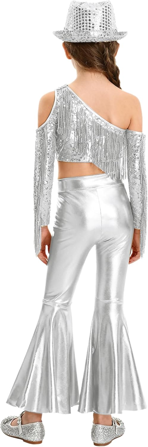 Girls' Sequined Crop Top One Shoulder Dance Shirts And Patent Leather Hip Hugger Slim Fit Silver 16 Years