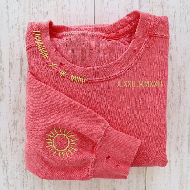 Custom Embroidered Hand Distressed Roman Numeral Sweatshirt Personalized Crew Neck Sweatshirt Design Your Own Text Pattern for Women Men Couple4