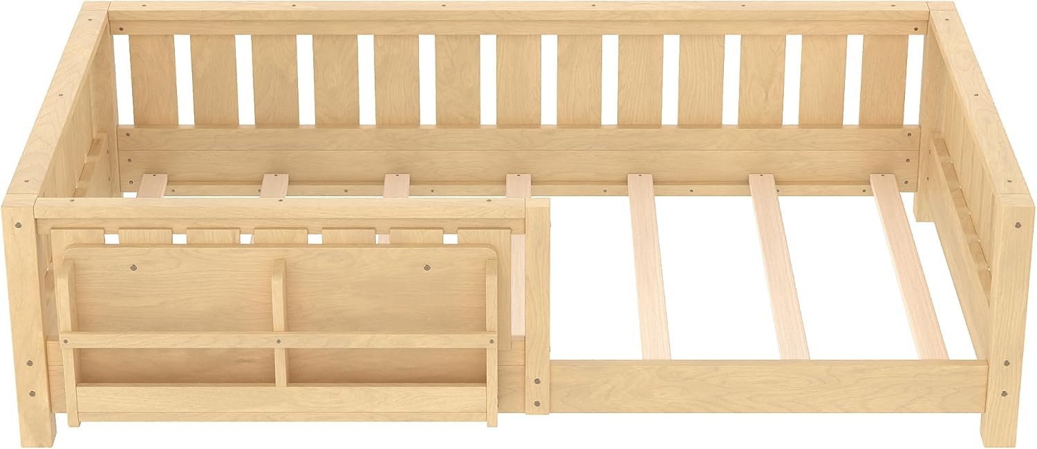 Bellemave Twin Size Floor Bed with high Rails and with Built-in Bookshelf for Kids, Girls, Boys, Wood Montessori Floor Bed Without Door, Light Natural