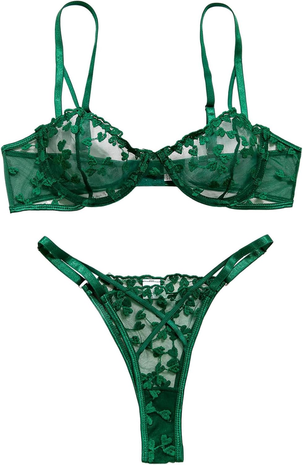 Lilosy Sexy Underwire Cute Push Up Strappy Embroidered Mesh Sheer Lingerie Set See Through Panty Bra - Image 3