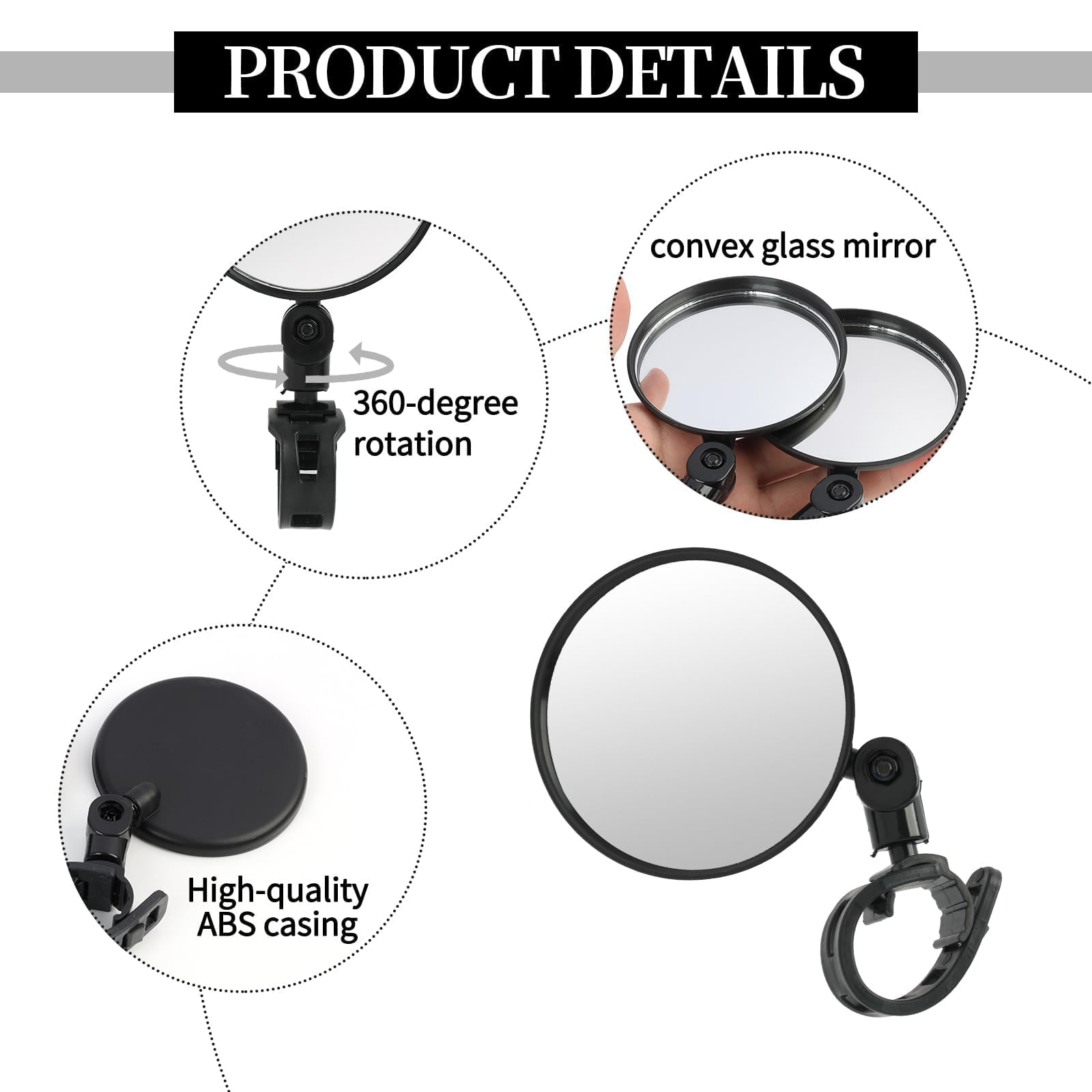2 PCS Espejos para Cochecito, Espejo Coche Bebé, Espejo Retrovisor Coche Bebé, 360° Rotación Ajustable, Retrovisores Bicicleta Nylon HD para Manillar de 15 a 35 mm Barrera de Seguridad Cochecito