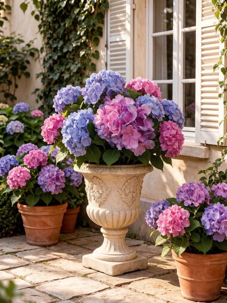 Sousi Hydrangea Artificial Flower for Outdoor, 4 Bundles Fake Hydrangea Bush Plant UV Resistant for Outdoors Front Porch Indoor Home Garden Decor(Blue)