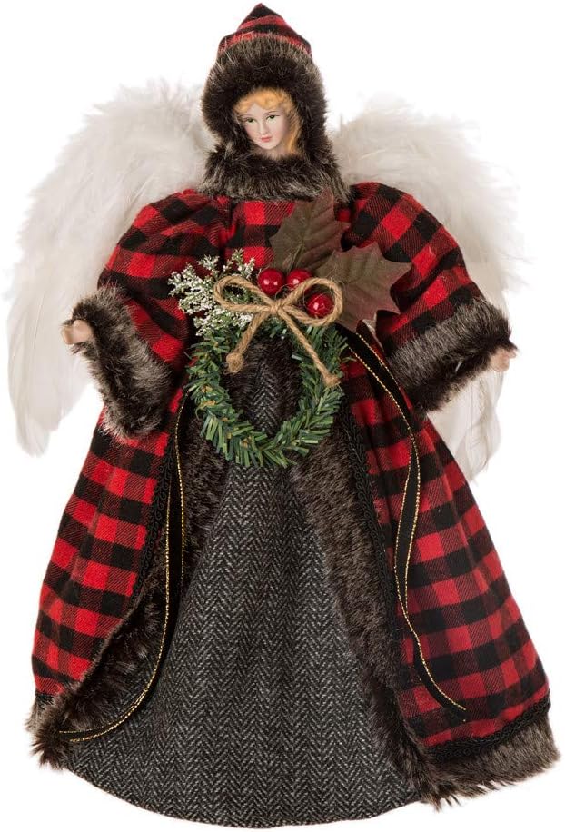 Plaid Angel Christmas Tree Topper with Fur Detailing