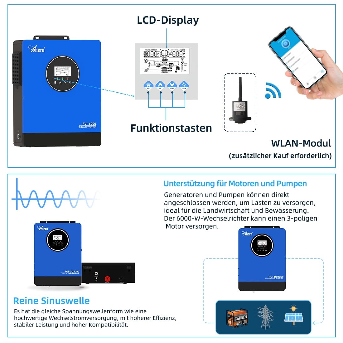Anern 10kW Hybrid Solar Wechselrichter 220 V/230 V AC mit 2 MPPT, Max.Eingang PV 500 VDC, Photovoltaik Wechselrichter für Wasserpumpen, Generatoren, Solaranlagen, funktioniert ohne Batterie
