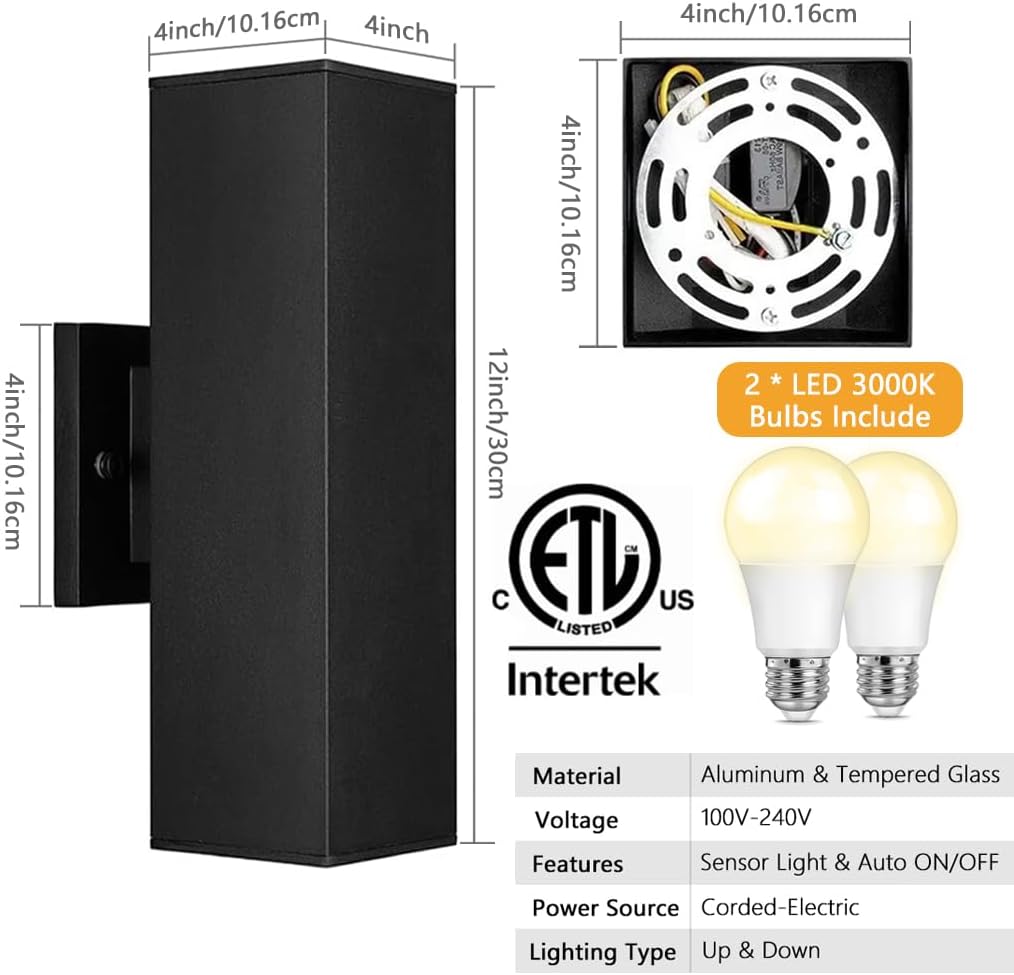 SHIMR Motion Sensor Outdoor Wall Lights, Dusk to Dawn Outdoor Lights ETL Listed, Aluminum Sconce Exterior Lighting Fixtures Up and Down Outside Lights for House, LED Bulbs Included, 2 Pack