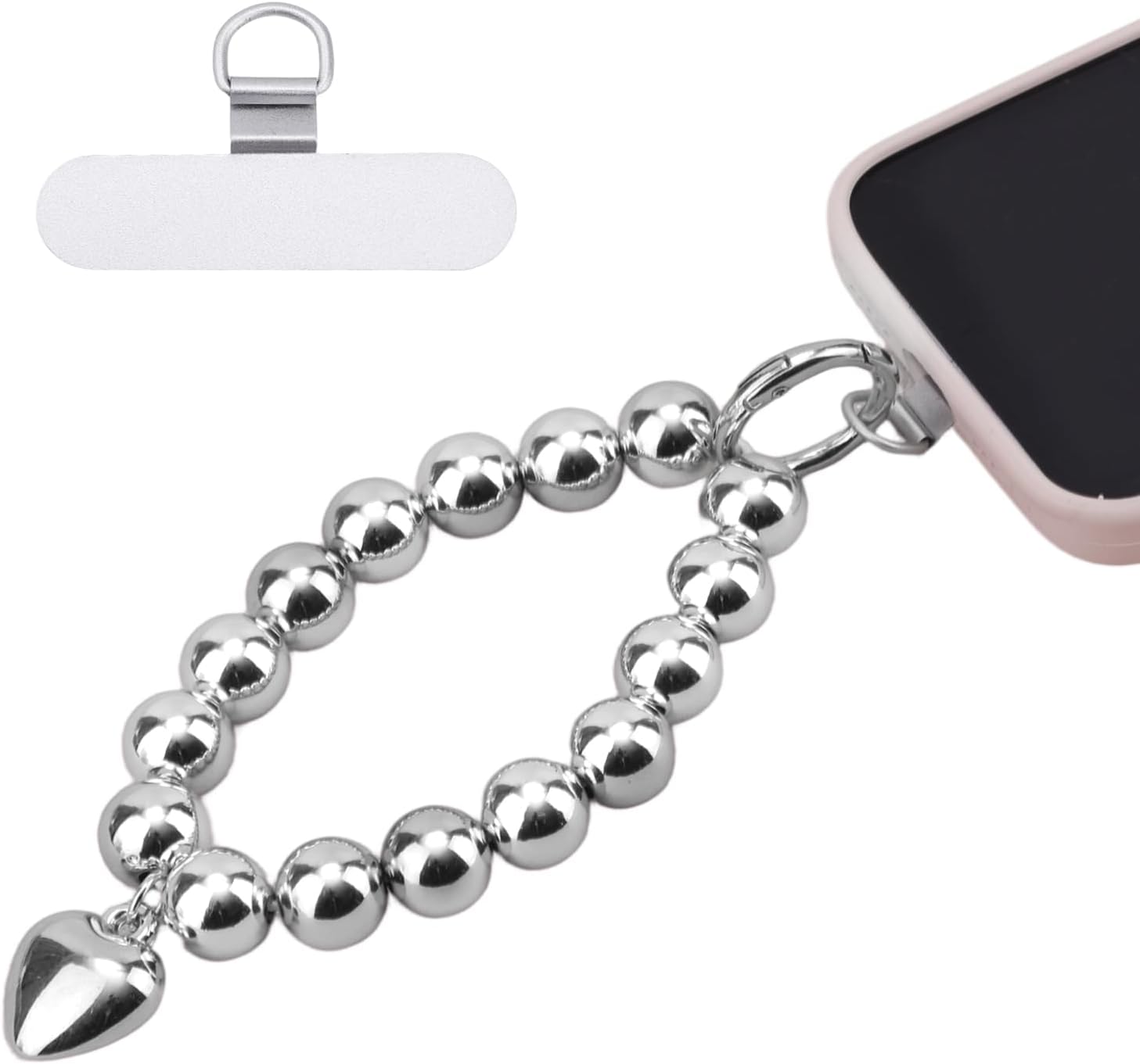 Beaded Phone Wrist Strap, Fashion Silver Beads with Heart Charm Mobile Phone Chain Bracelet Anti-Drop Detachable Cellphone Lanyard Wristband with Metal Tether Tab for Women