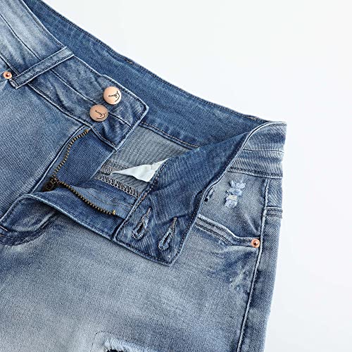 Image of THUNDER STAR Women Mid Rise Ripped Stretchy Jeans Shorts Frayed Raw Hem Casual Denim Shorts