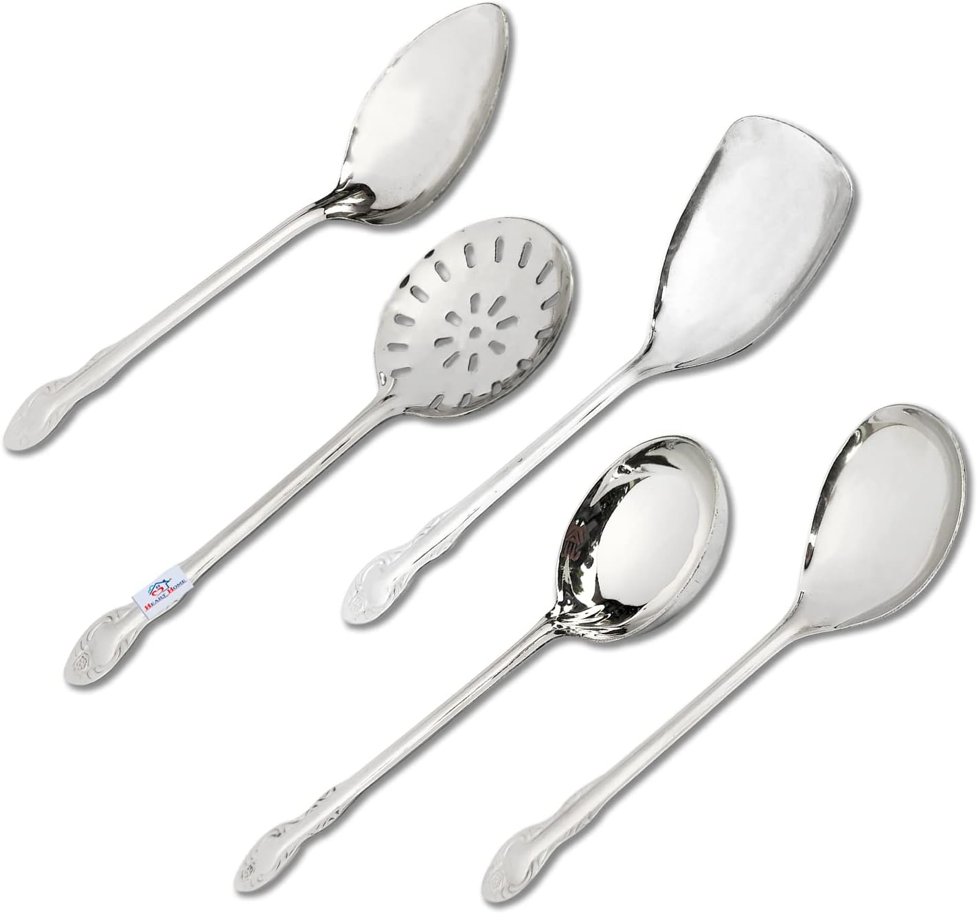 Heavy Stainless Steel Skimmer|Serving Spoon|Wok Spatula|Solid Spoon|Ladle for Cooking, Frying, Stirring, Basting, Set of 5 (Silver)
