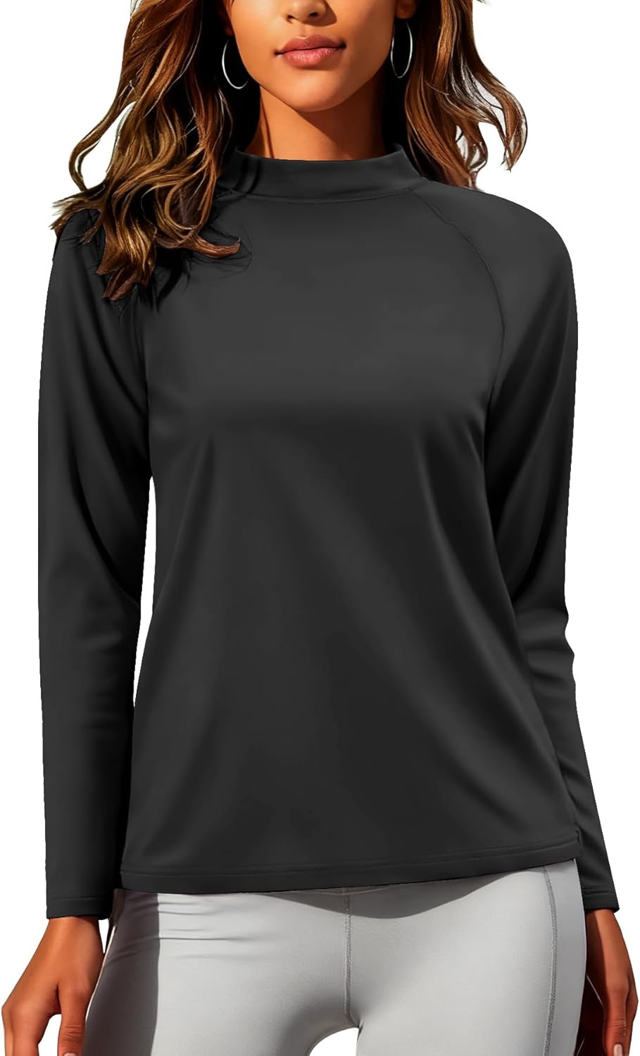 Women's Thermal Shirts Long Sleeve Mock Neck Base Layer Cold Weather Fleece Lined Warm Undershirt Regular Fit Tops