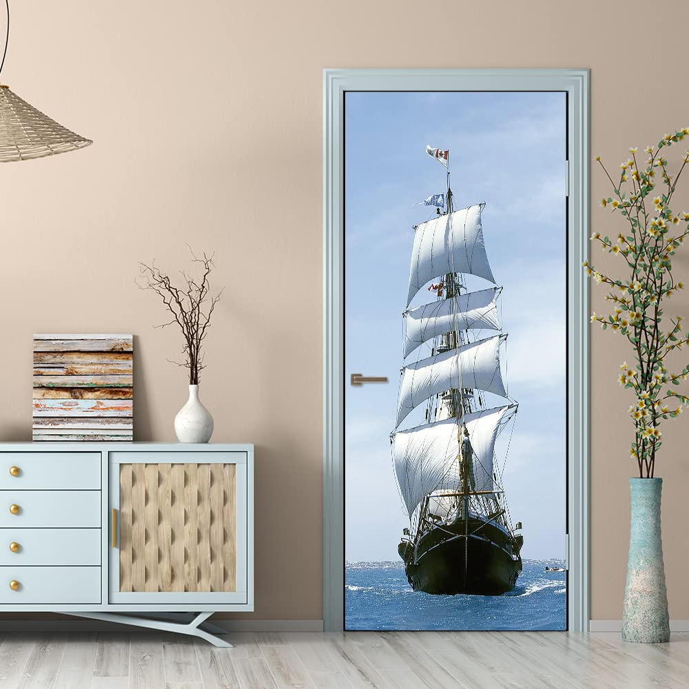 Sticker porte trompe l'oeil 3D voilier 83x204 cm pour la décoration du salon