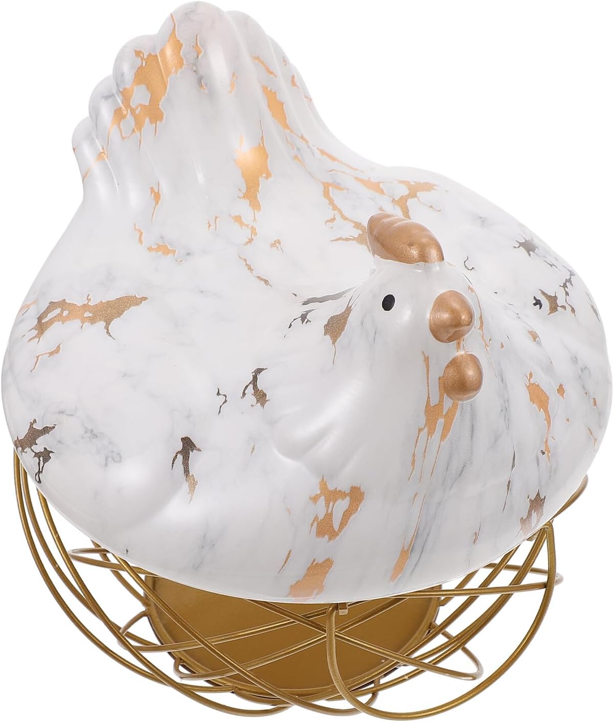 Angoily Hen-shaped Iron Egg Storage Basket with Gold Grid Design, White and Gold Fruit Organizer for Kitchen Countertop, Sturdy Metal Snack and Vegetable Holder for Home Use