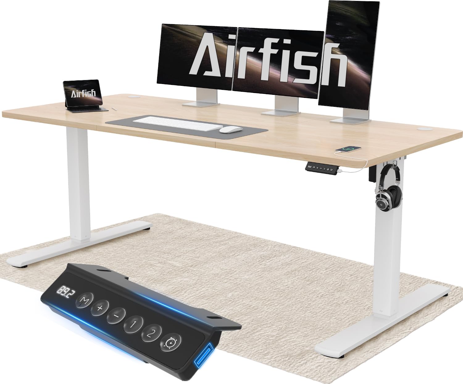 Airfish Höhenverstellbarer Schreibtisch 120x60cm mit USB-Buchse, Schreibtisch Höhenverstellbar Elektrisch mit Memory Funktion, 73-118cm, Weiß