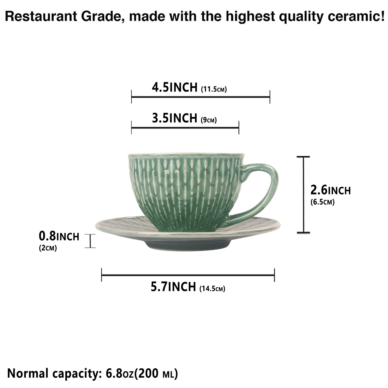Set di tazze da caffè in ceramica con piattino, 8 pezzi, impilabili, per latte, tè caldo, cappuccino, moka, cacao, lavastoviglie e microonde, verde scuro