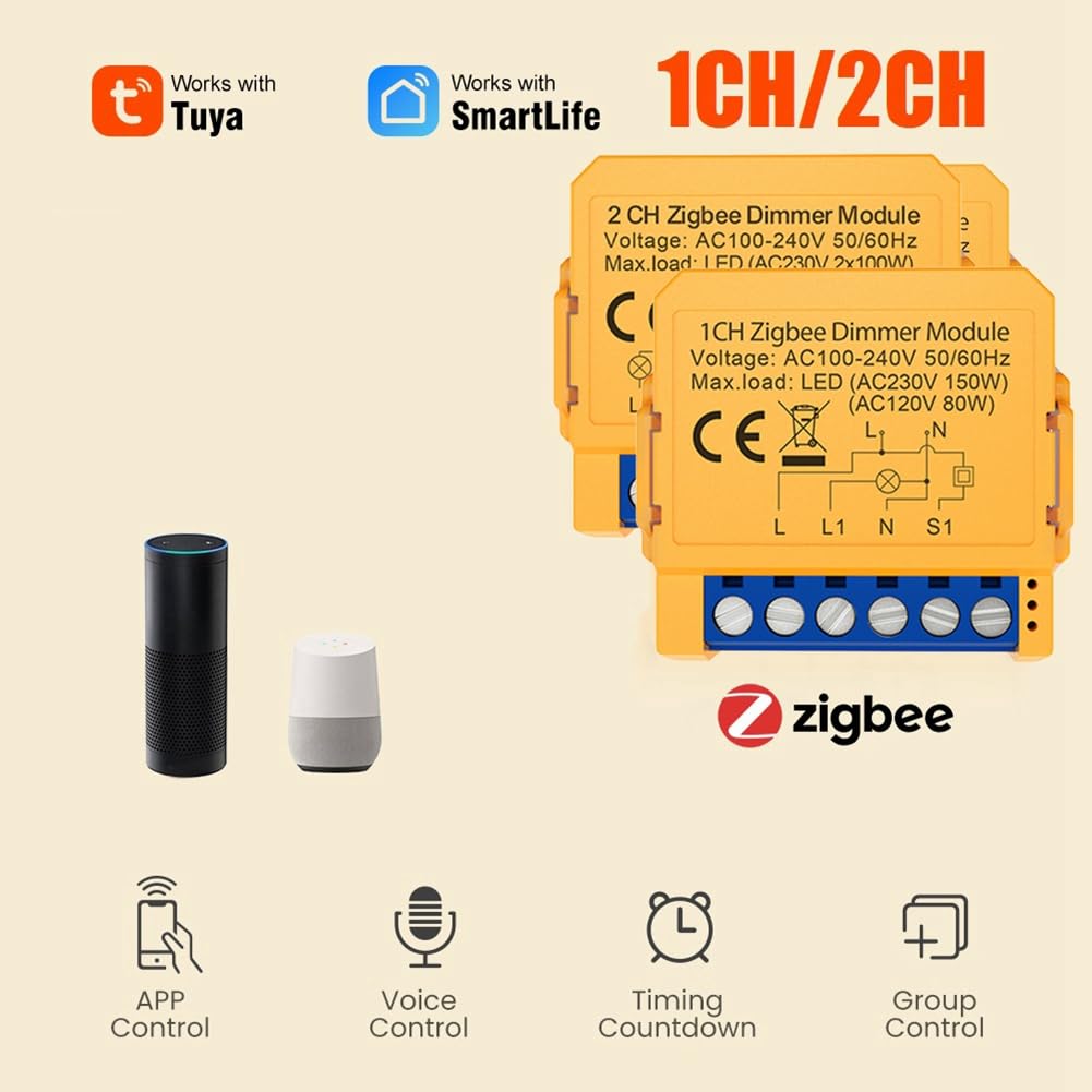 Tuya Zigbee Module de variateur d'intensité intelligent 2 canaux avec lumières LED à intensité variable Variation en continu + commande vocale
