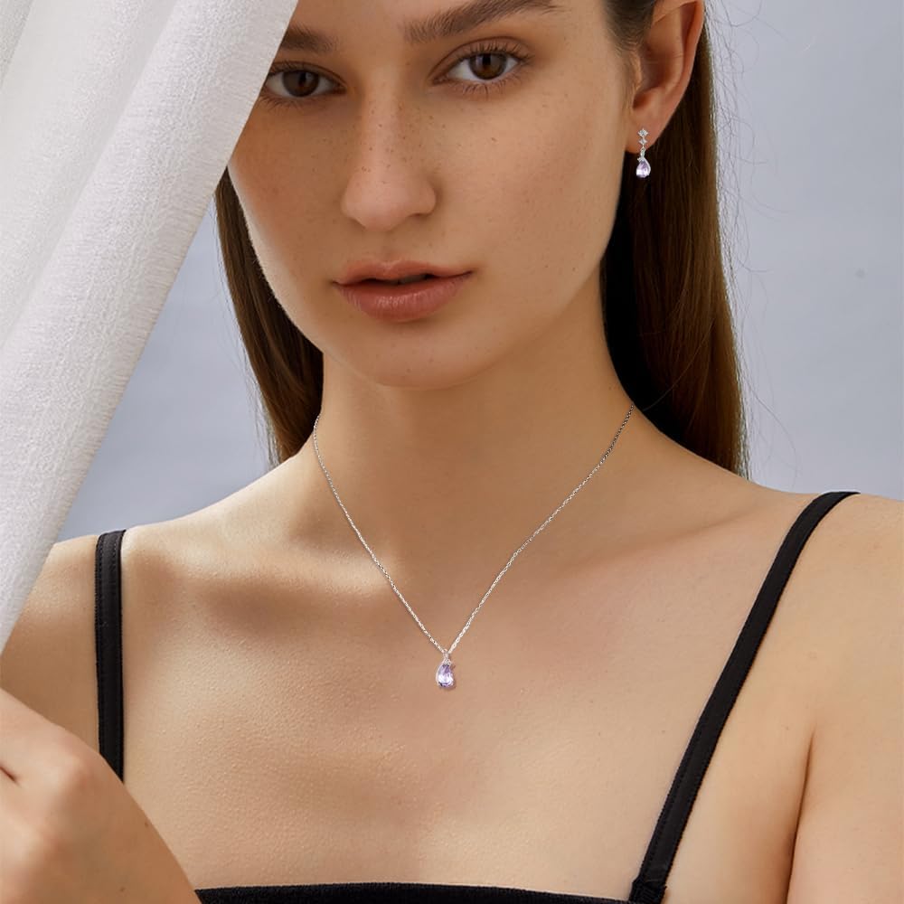 immobird Necklace and Earring Sets for Women Dainty Teardrop Birthstone Jewelry Sets for Women with CZ 925 Sterling Silver Necklace and Earring Sets for Birthday Gift