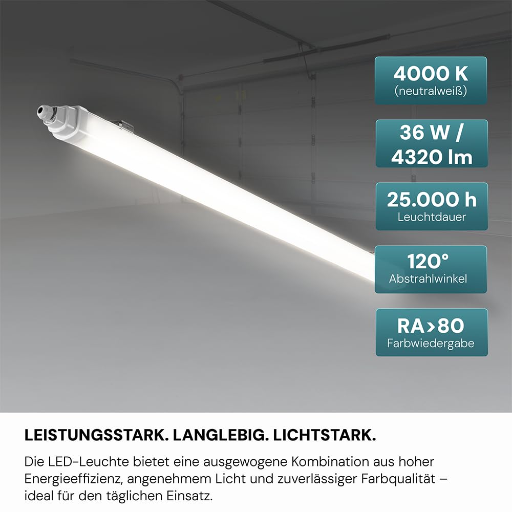 LUXULA 4x LED Feuchtraumleuchte 120cm Wannenleuchte 36W 4000K Neutralweiß 4320lm - Verknüpfbar - IP65 Wasserdicht - LED Werkstattlampe flach Kellerlampe Garagenlampe - Reihenschaltung
